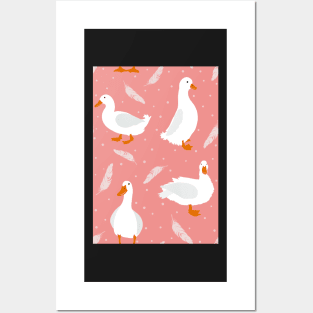 White Pekin Ducks with feathers and dots repeat pattern Posters and Art